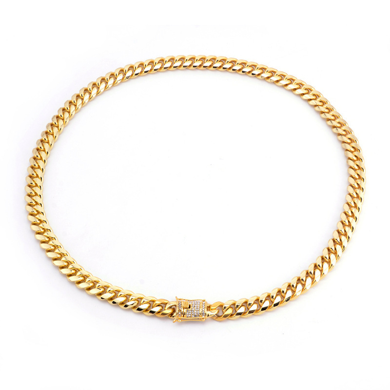 Hot Sale 18k gold plated clasp with stone 8mm Heavy cuban link men's hip hop stainless steel chain