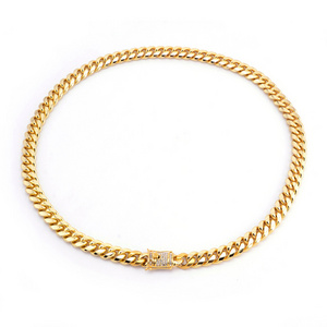 Hot Sale 18k gold plated clasp with stone 8mm Heavy cuban link men's hip hop stainless steel chain