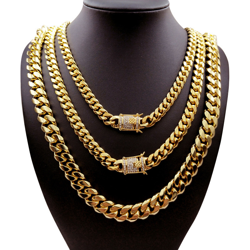 Hot Sale 18k gold plated clasp with stone 8mm Heavy cuban link men's hip hop stainless steel chain