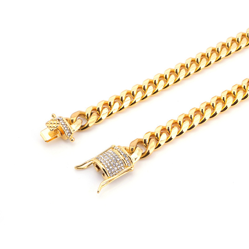 Hot Sale 18k gold plated clasp with stone 8mm Heavy cuban link men's hip hop stainless steel chain