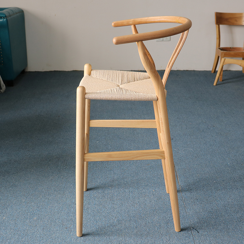 Wholesale factory Y back fork bone bar chair wooden belt woven armchair Hans wegner wishbone Y high bar stool chair