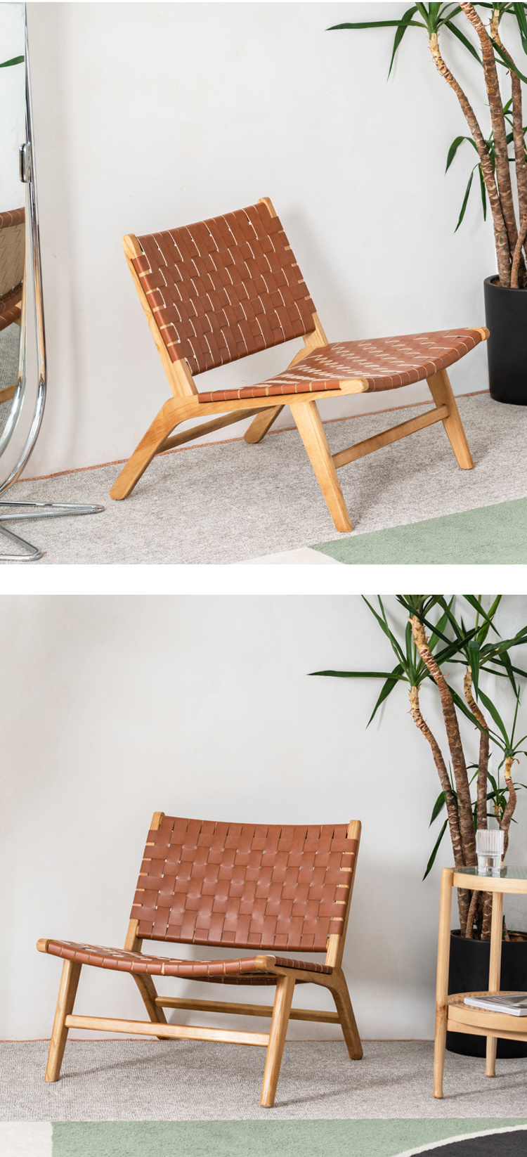 Wholesale Modern Living Room Saddle Leather Rattan Relax Chair OAK Wood Frame Leather Vintage  Lounge Chair