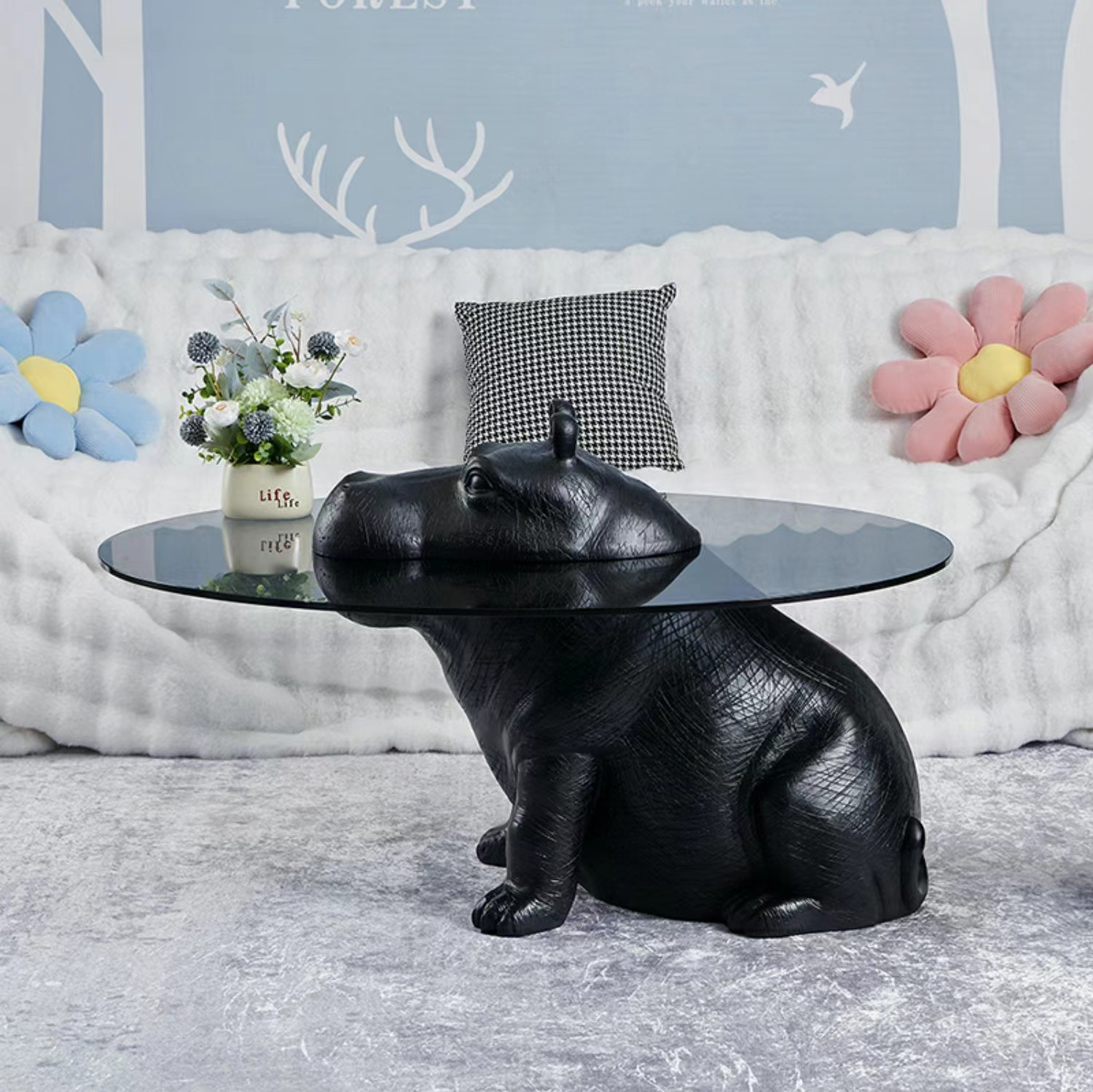 2023 Creative animal tea table FRP material Thickened glass surface Hippo living room tea table