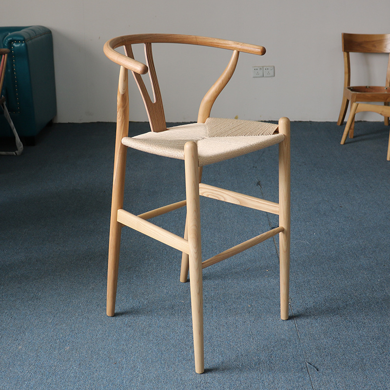 Wholesale factory Y back fork bone bar chair wooden belt woven armchair Hans wegner wishbone Y high bar stool chair