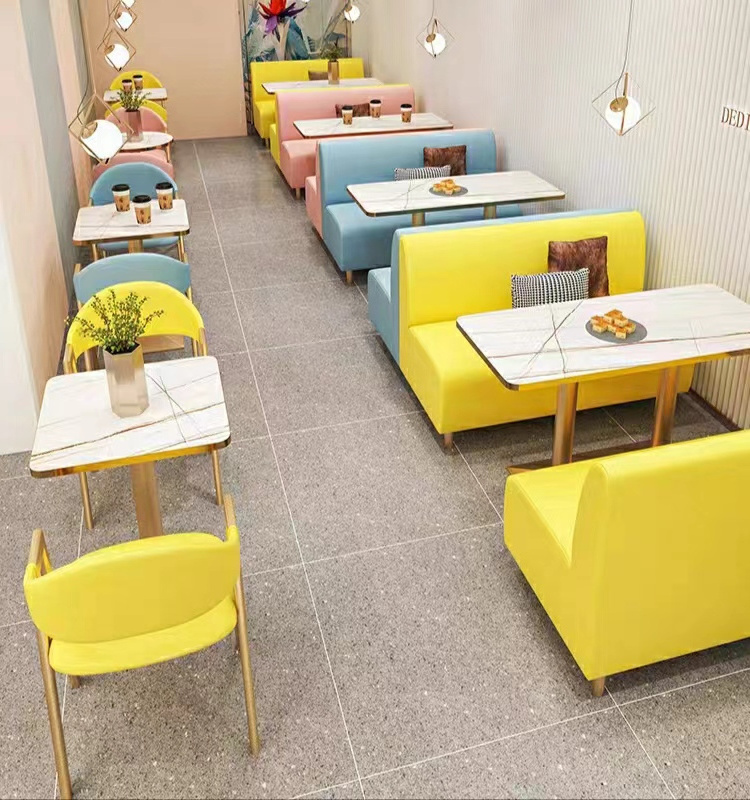 Modern milk tea coffee shop restaurant furniture golden metal wooden booth sofa leather seat sponge cushion customize color size