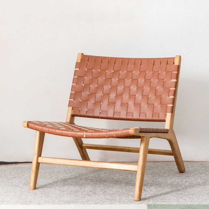 Wholesale Modern Living Room Saddle Leather Rattan Relax Chair OAK Wood Frame Leather Vintage  Lounge Chair