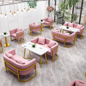 High quality gold metal frame Cafe Commercial furniture pink velvet sofa restaurant booth seating