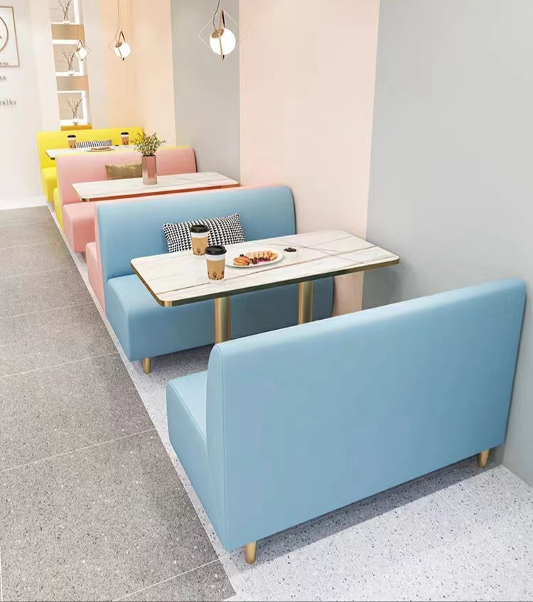 Modern milk tea coffee shop restaurant furniture golden metal wooden booth sofa leather seat sponge cushion customize color size