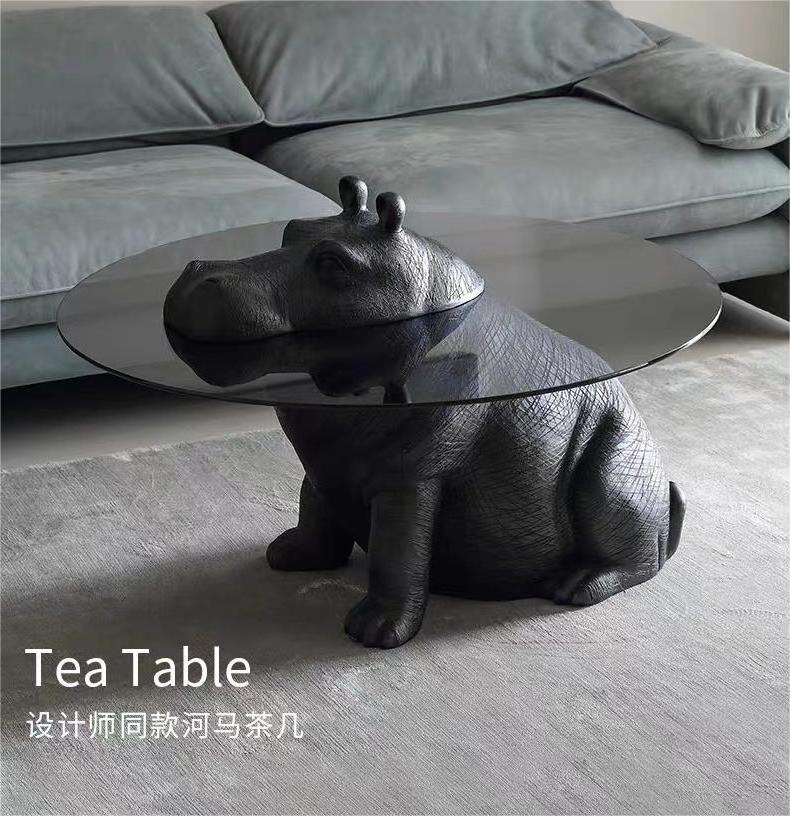 2023 Creative animal tea table FRP material Thickened glass surface Hippo living room tea table