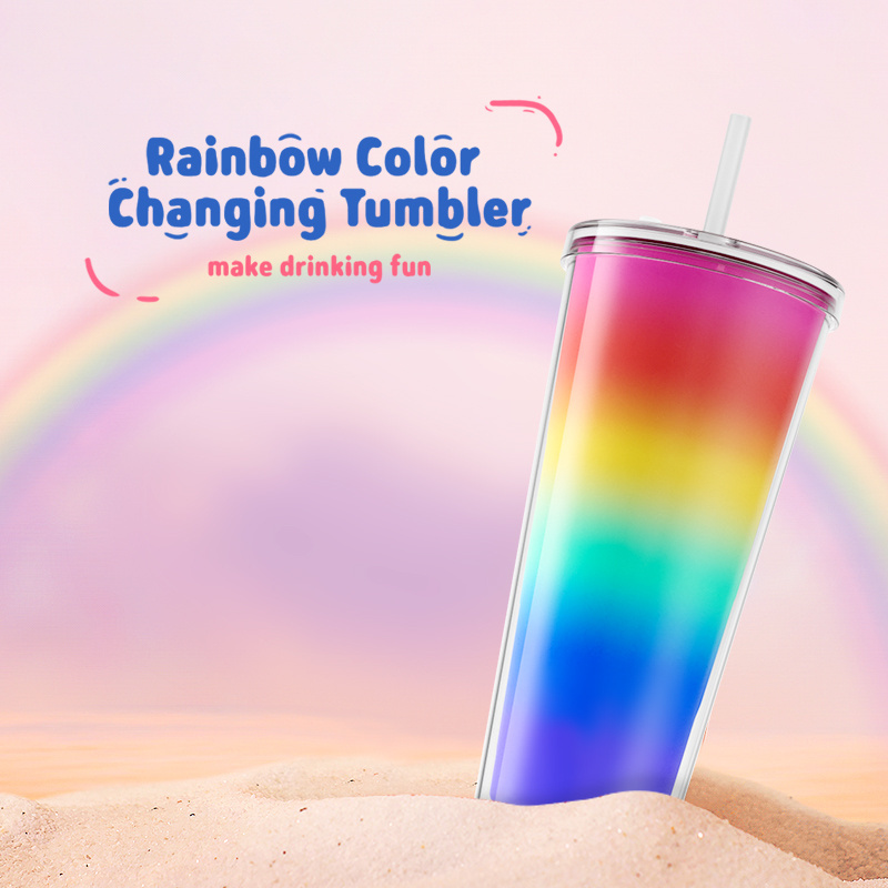 Cold Water Changes Rainbow Colors 24Oz Plastic Cold Cup Tumbler Colour Changing Cup