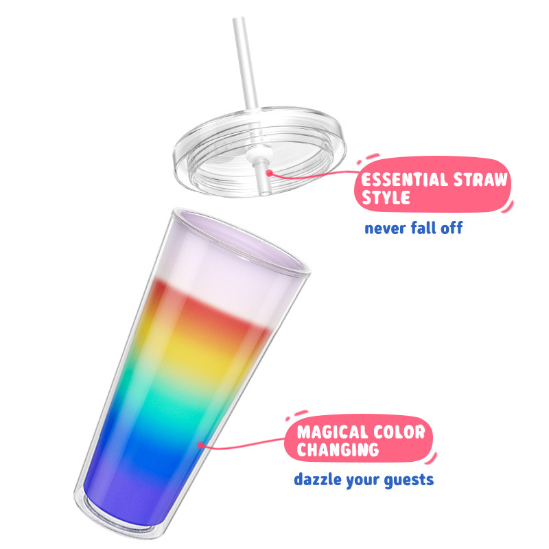 Cold Water Changes Rainbow Colors 24Oz Plastic Cold Cup Tumbler Colour Changing Cup