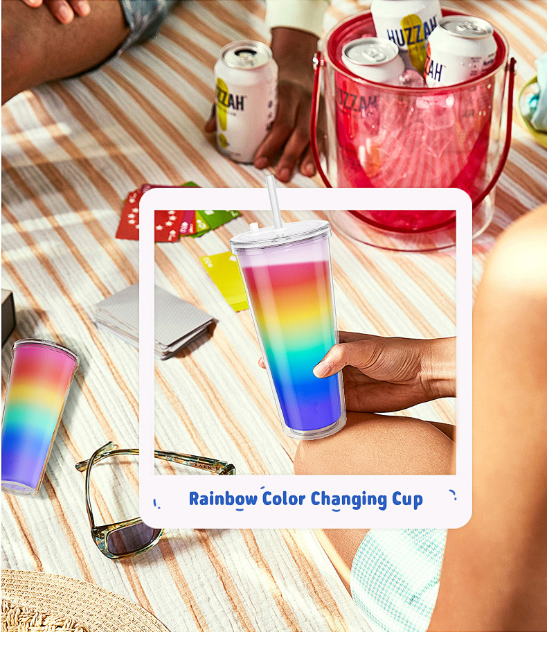 Cold Water Changes Rainbow Colors 24Oz Plastic Cold Cup Tumbler Colour Changing Cup