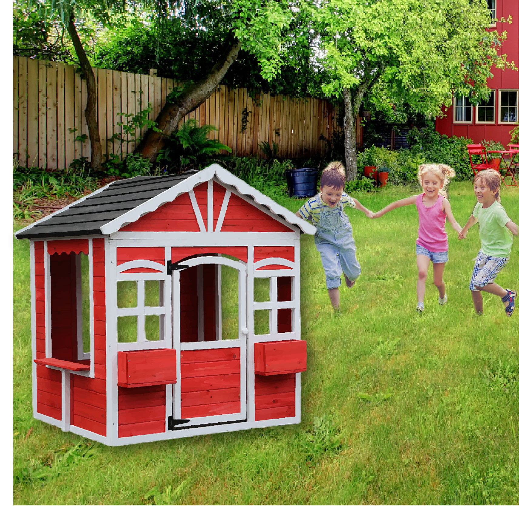 WoodVille Kid's Wooden Playhouse Garden Cottage Kid's Backyard Playground Cubby play House for Kids' Fun