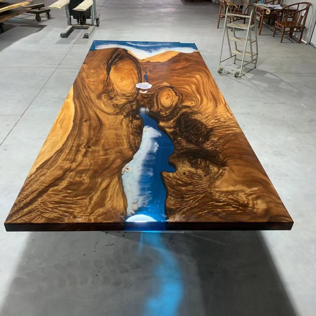 Europe Style Customize Suar Wood Counter Top Rain Wood Dining Table Blue Walnut Epoxy Resin River Table