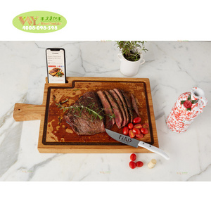 Factory customize White oak solid wood Juice Groove Cutting Board Rustic Kitchen Island Butcher Block Chopping With Phone Holder