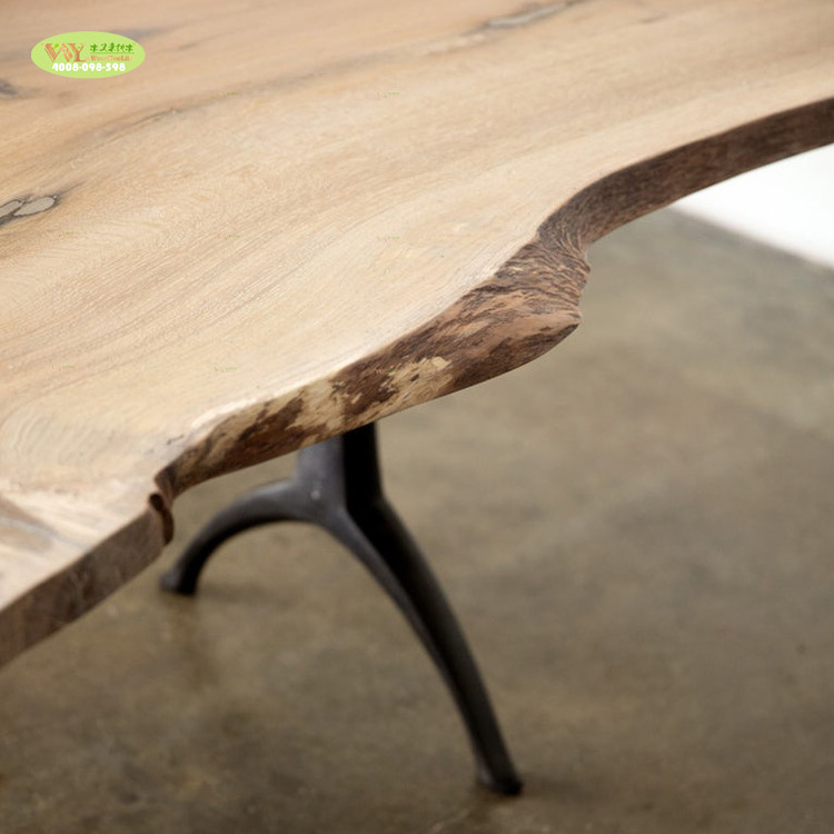 Antique Natural Solid Wood Industrial Style Live Edge Wooden Dining Table With Wishbone Metal Legs