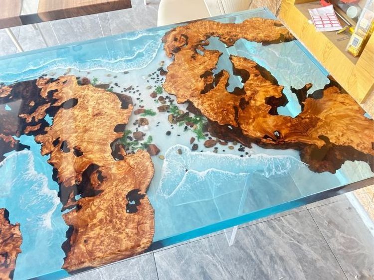 Factory Made Waterfall Burl Cedar Epoxy Wood Island Sea Table Customize Epoxy Resin Table