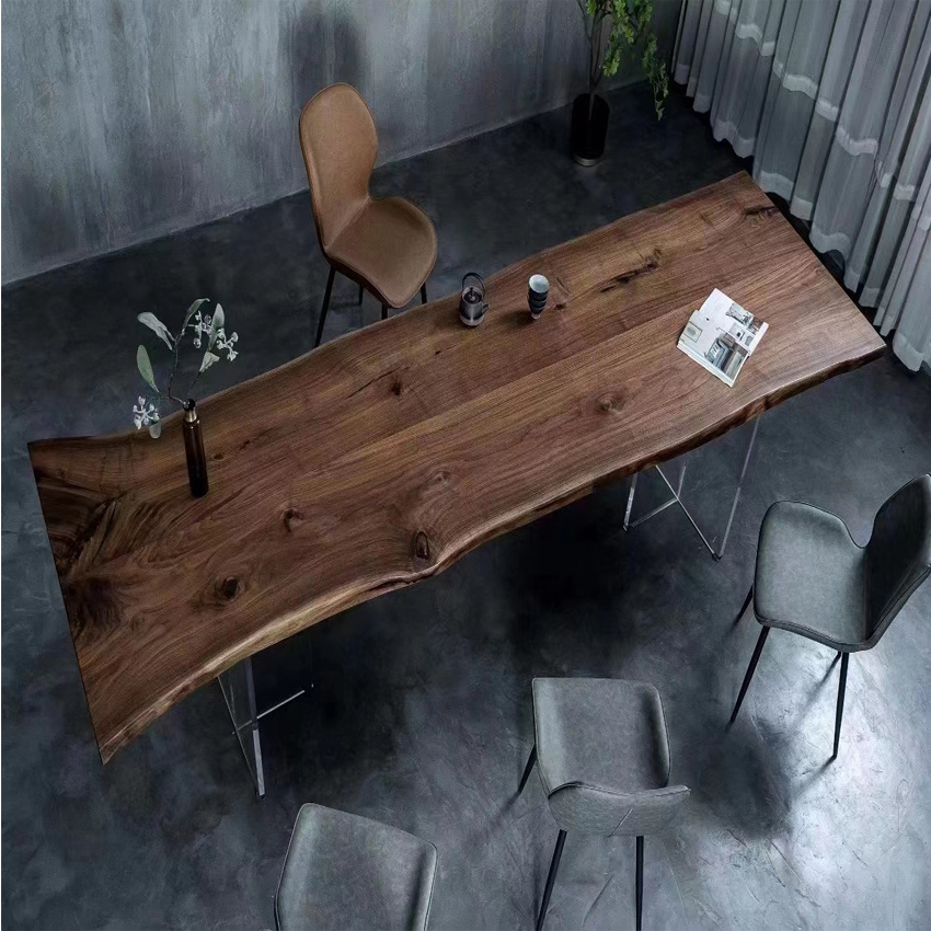 Home Furniture Restaurant Dinning Room Wood Table Live Edge Walnut Slab Wooden Dining Table