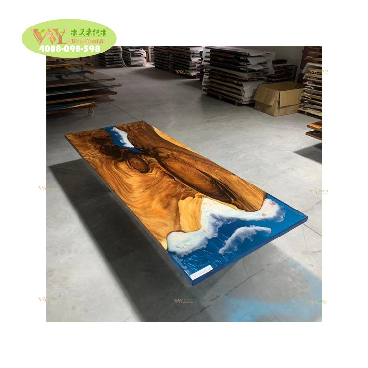 Europe Style Customize Suar Wood Counter Top Rain Wood Dining Table Blue Walnut Epoxy Resin River Table