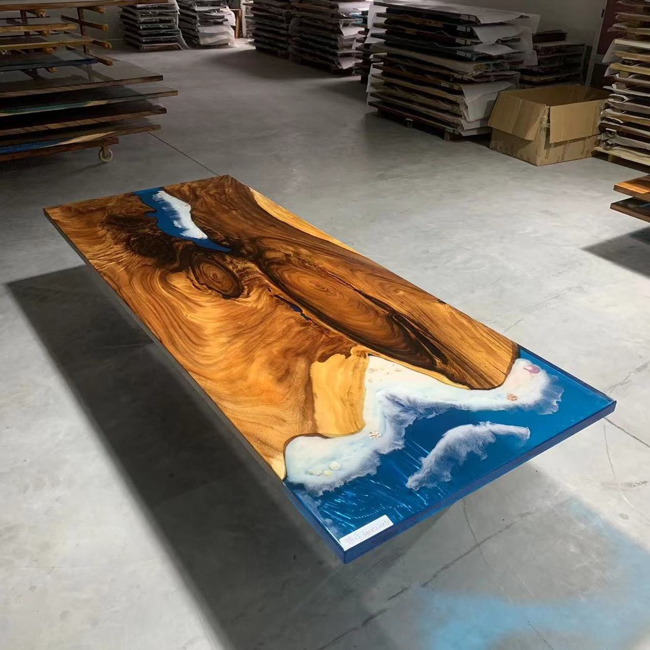 Europe Style Customize Suar Wood Counter Top Rain Wood Dining Table Blue Walnut Epoxy Resin River Table