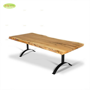 Antique Natural Solid Wood Industrial Style Live Edge Wooden Dining Table With Wishbone Metal Legs