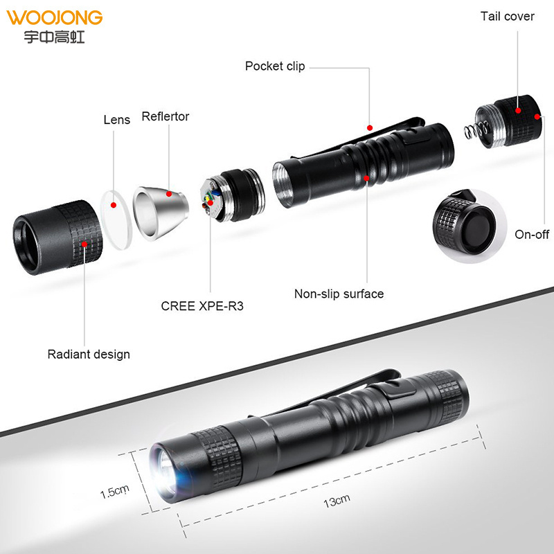 Woojong High Power Aluminium Alloy Pen Light Mini Flat Penlight Led Mini Flashlights Torches