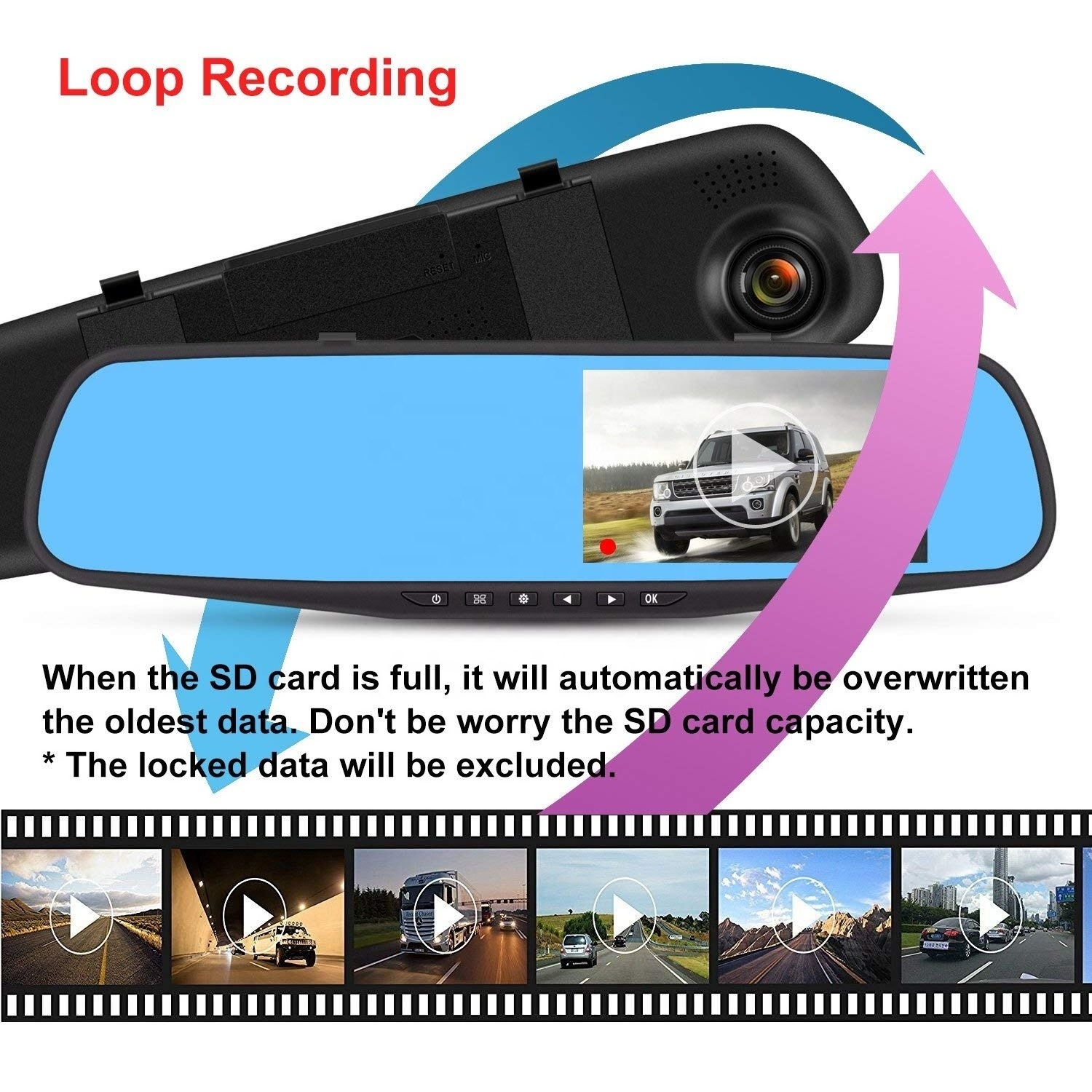 Dual Lens Rearview Mirror Car DVR Camera 4.3 Inch Driving Recorder HD Night Vision 1080P 170 degree Wide Angle Dashboard Cam