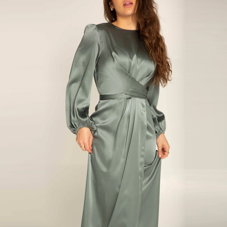 Hot Sale Round Neck Long Sleeve Plain Satin Wrap Waist Maxi Dress Fashion Islamic Clothing Dresses Abaya For Women