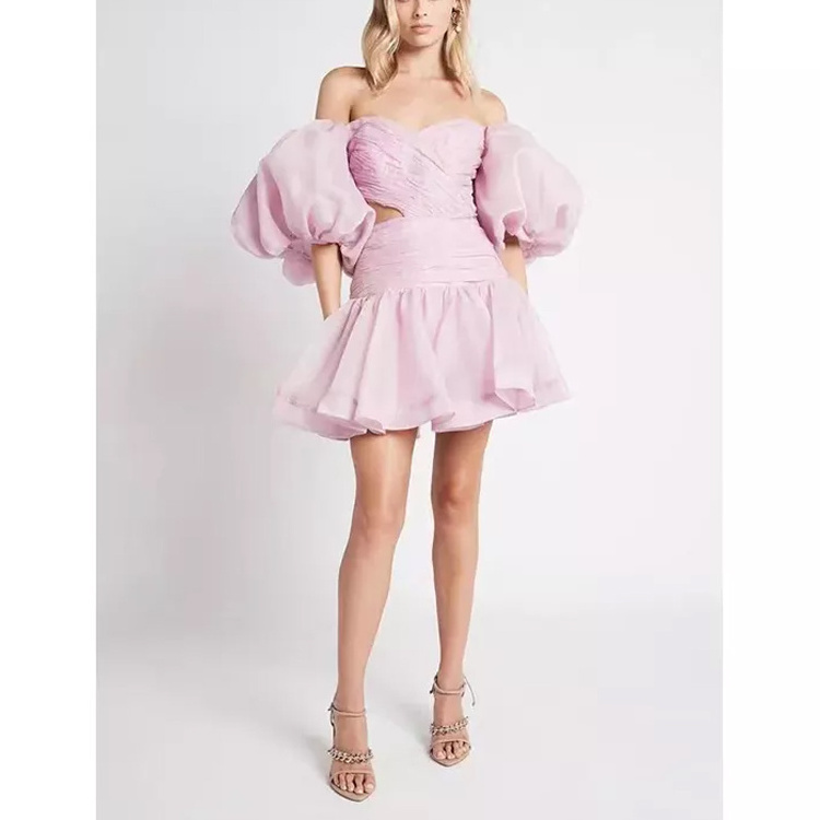 Womens Clothing 2022 Womens Boutique Puff Sleeve Pink White Satin Korean Dress Club Dress