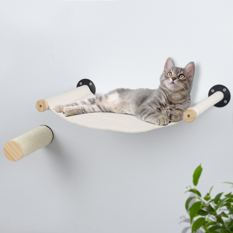 Wooden Cat Wall Shelves With Hammock Wall Mounted Sisal Cat Scratching Post Toy Cat Shelves And Perches For Wall