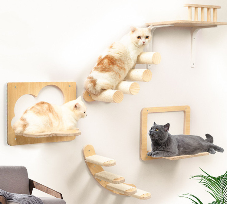 Wooden Sisal Rope Cat Hammock Shelf Wall Mounted Indoor Cat Hammock With Steps Set Cat Hammock For Wall