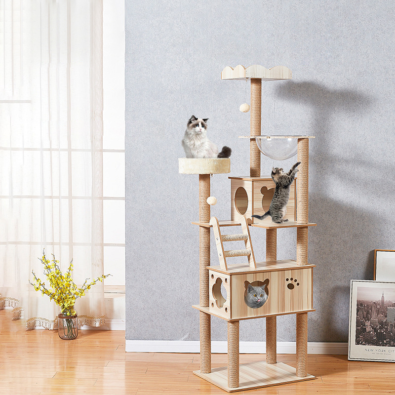 Wholesale Big Luxury Solid Wood Sisal Rope Style Indoor Cat House Pet Furniture Cat Trees Modern Wooden Cat Tree Tower