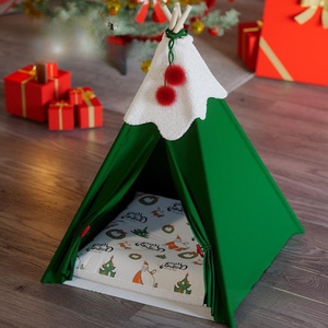 Christmas Style Pet Teepee Tent Soft Cat Bed Foldable Christmas Pet Cat Tent House With Mat