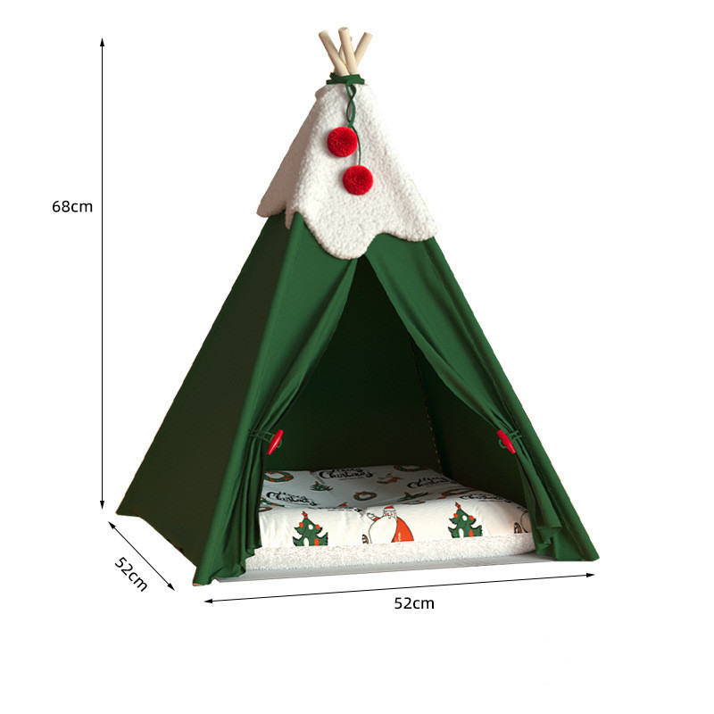 Christmas Style Pet Teepee Tent Soft Cat Bed Foldable Christmas Pet Cat Tent House With Mat