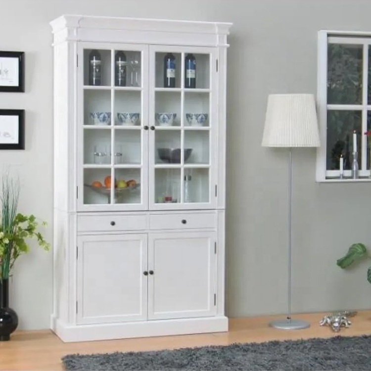 Hamptons White Display Case Storage Cabinet with Glass doors.