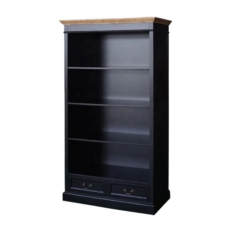 French provincial style open library high-end bookshelf with 2 drawers in black.