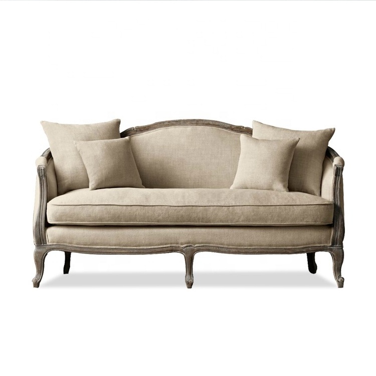 French provincial Linen 2 seat sofa living room rattan loveseat.