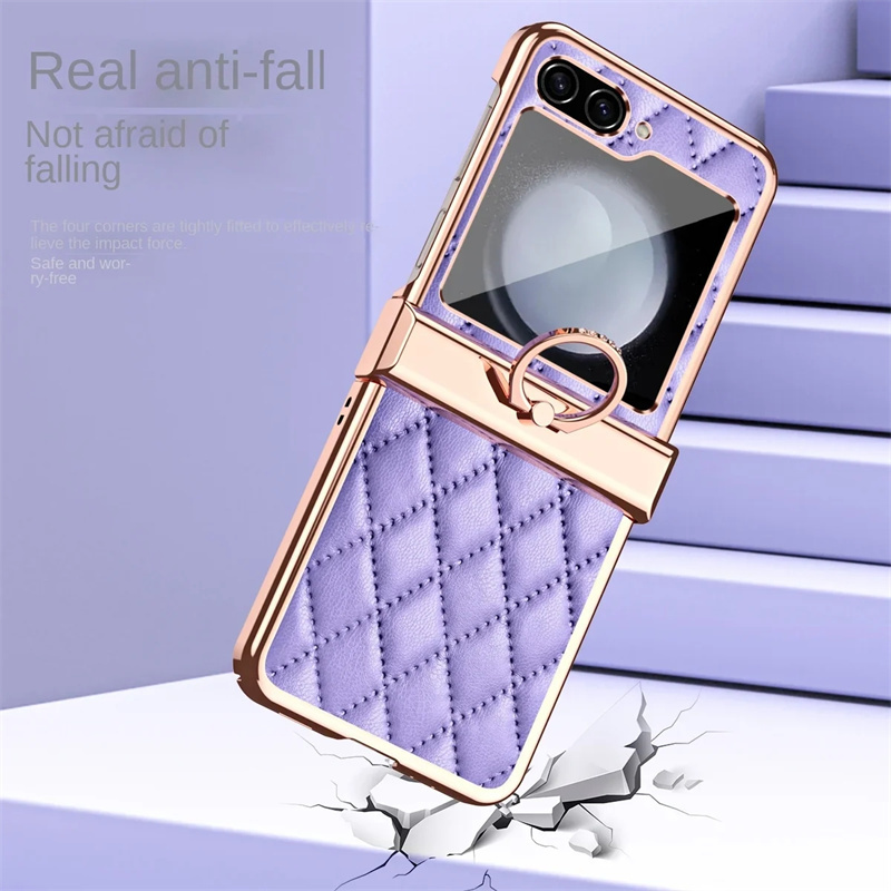 Z Flip 6 Electroplated Front Glass Leather Hinge For Samsung Galaxy Z Flip 5 Case With Ring Lens Screen Protector Flip 4 3 Case