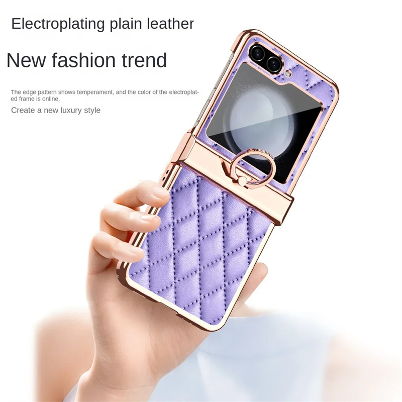 Z Flip 6 Electroplated Front Glass Leather Hinge For Samsung Galaxy Z Flip 5 Case With Ring Lens Screen Protector Flip 4 3 Case