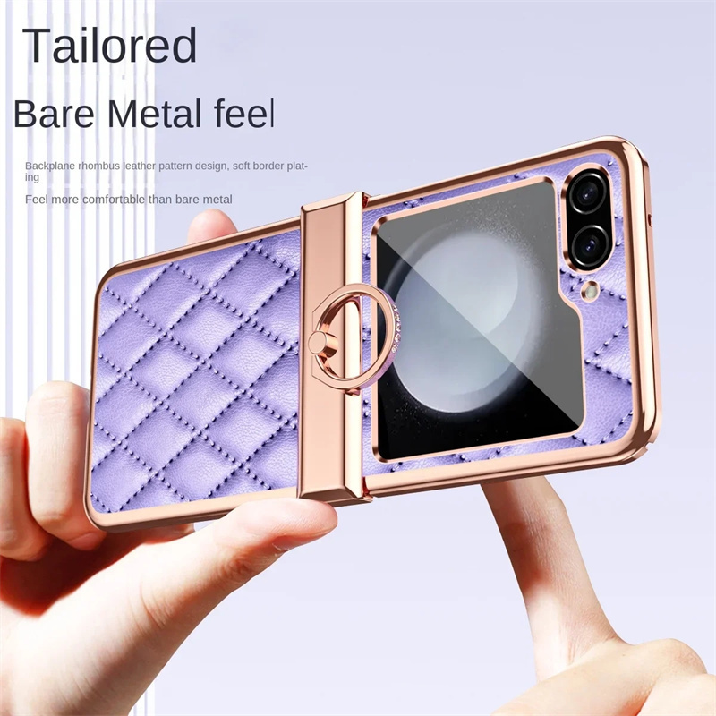 Z Flip 6 Electroplated Front Glass Leather Hinge For Samsung Galaxy Z Flip 5 Case With Ring Lens Screen Protector Flip 4 3 Case