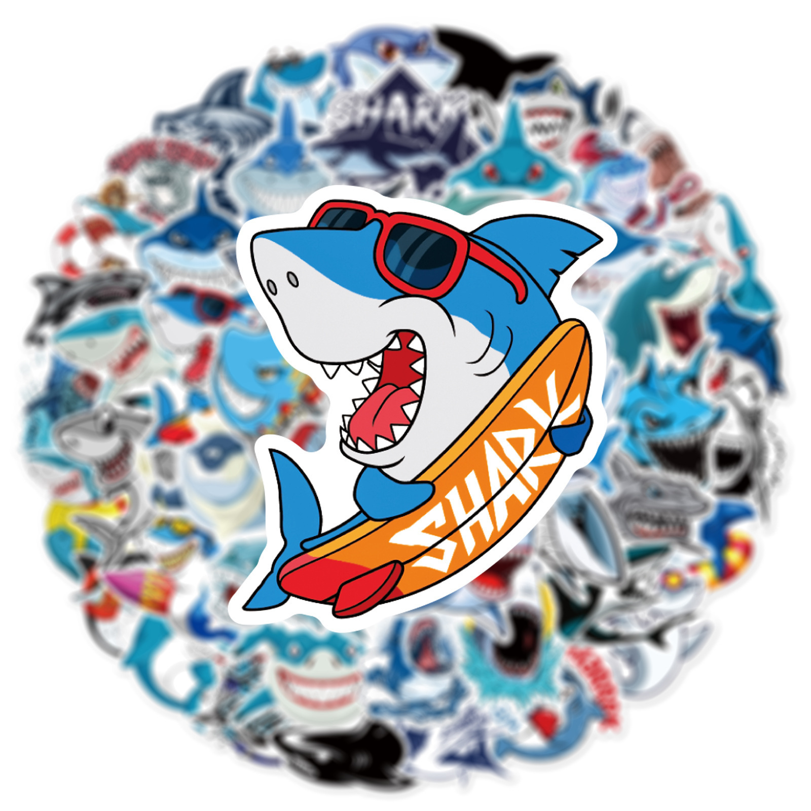 50pcs Waterproof Vinyl Ocean Shark Sticker Cute Sea Animal Decals 50 Pieces Shark Stickers for Water Bottle Laptop Computer