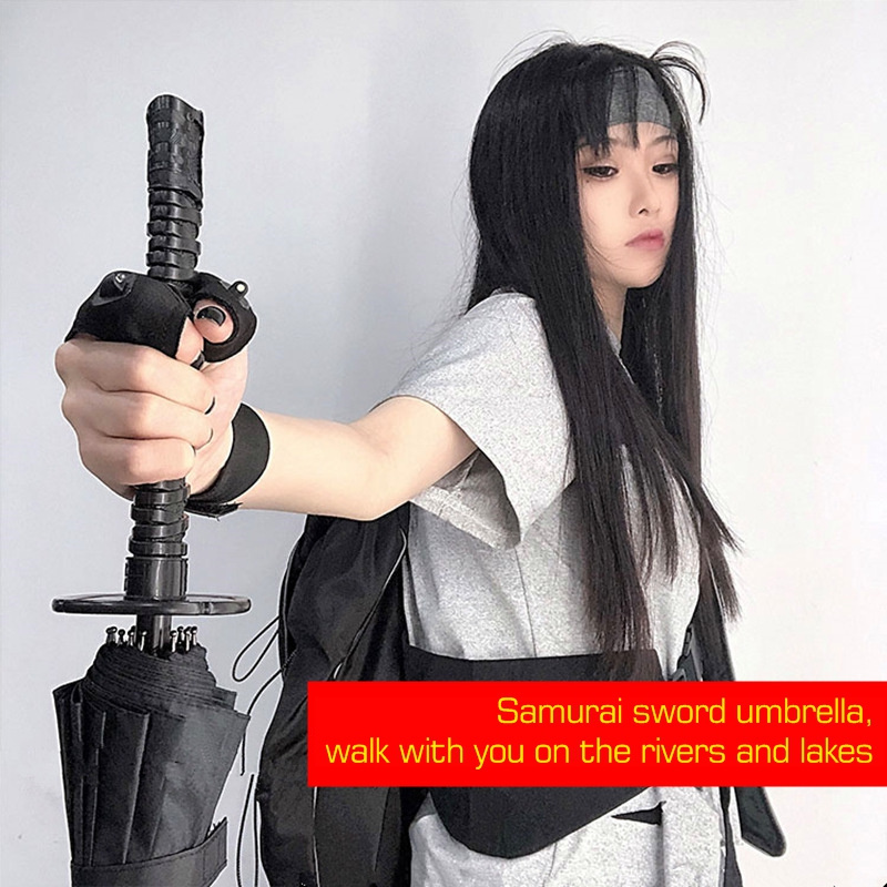 Stylish Black Japanese Samurai Sword Katana Umbrella Sunny & Rainy Long-handle Umbrellas Semi-automatic