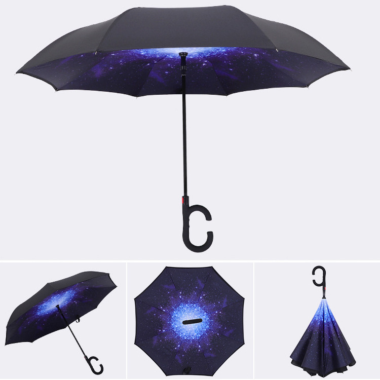 Hands Free C Handle Double Layer Upside Down Car Reversible Inversion Reverse Inverted Umbrella