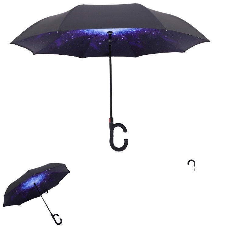 Hands Free C Handle Double Layer Upside Down Car Reversible Inversion Reverse Inverted Umbrella