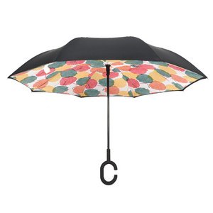 Custom Printing New Creative Hook Self-standing Double Layer Magic Windproof Car Inverted C Handle Reverse Umbrella