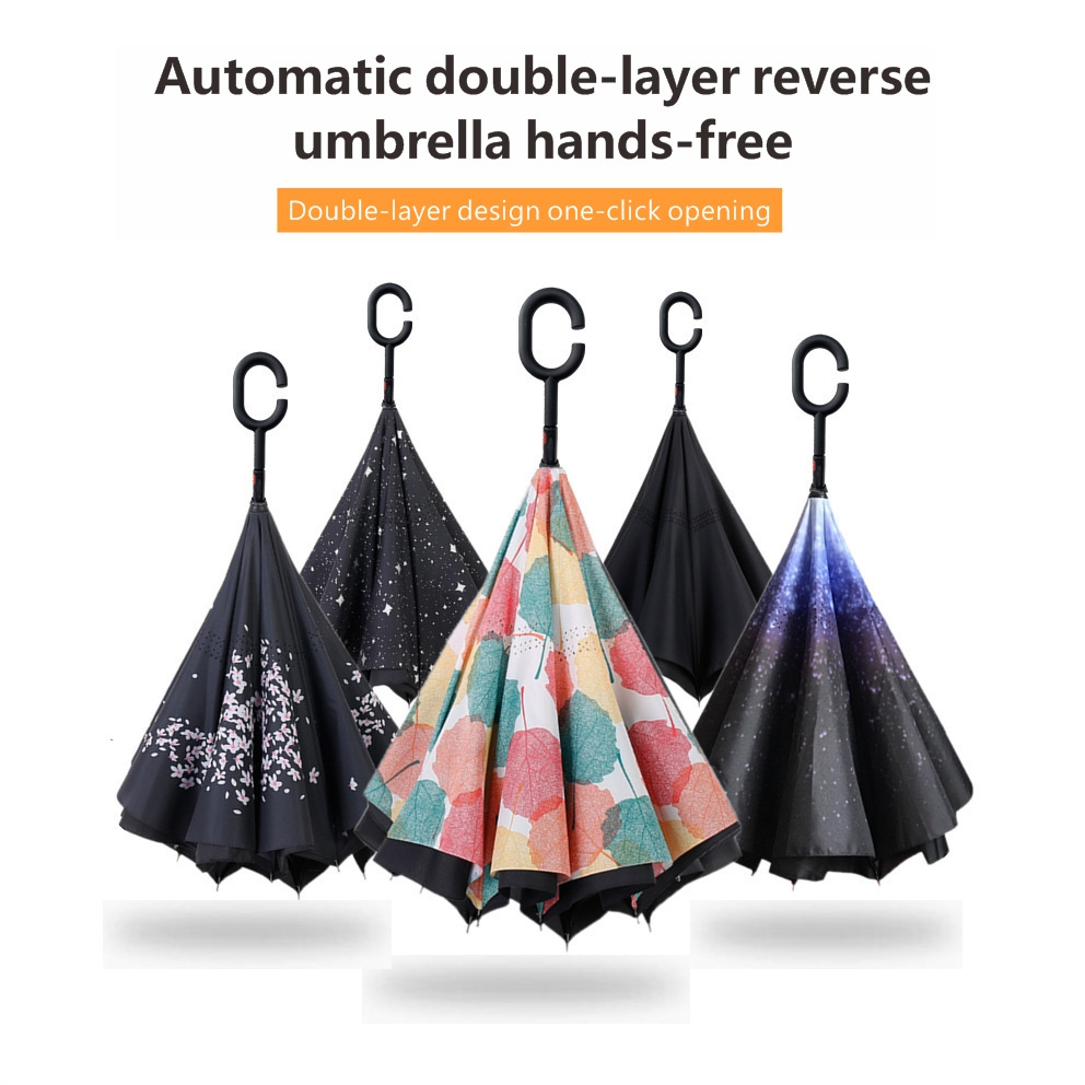 Custom Printing New Creative Hook Self-standing Double Layer Magic Windproof Car Inverted C Handle Reverse Umbrella