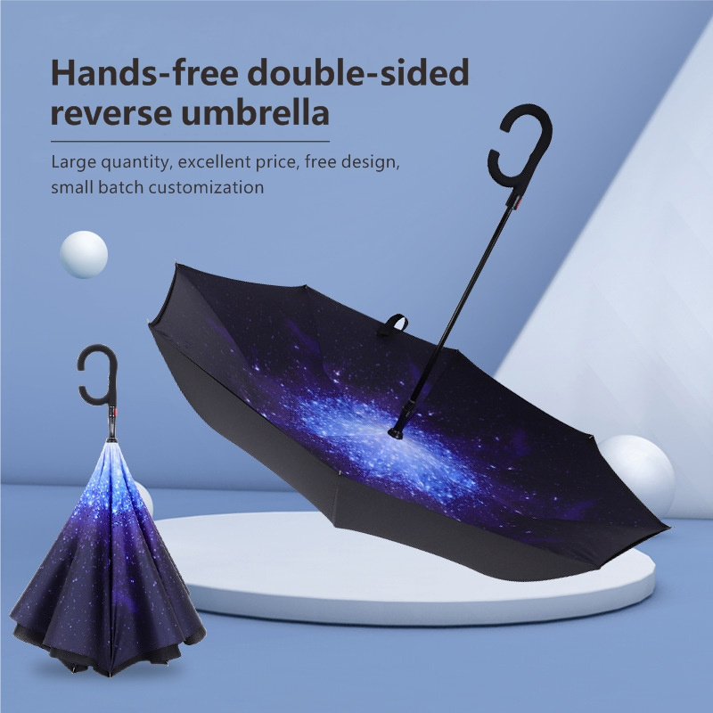 Custom Printing New Creative Hook Self-standing Double Layer Magic Windproof Car Inverted C Handle Reverse Umbrella