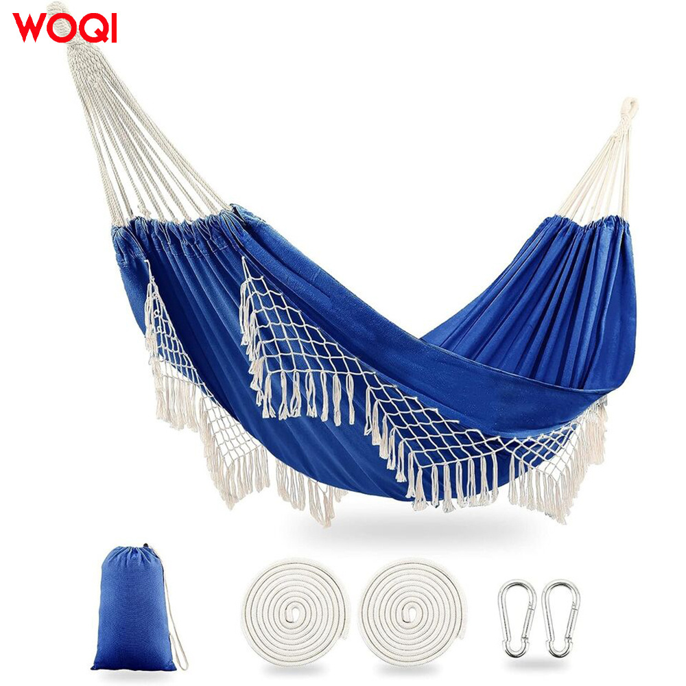 WOQI Indoor and Outdoor Garden Bohemian Cotton Tassel Hammock 2 Durable Swing Hammock (Blue)