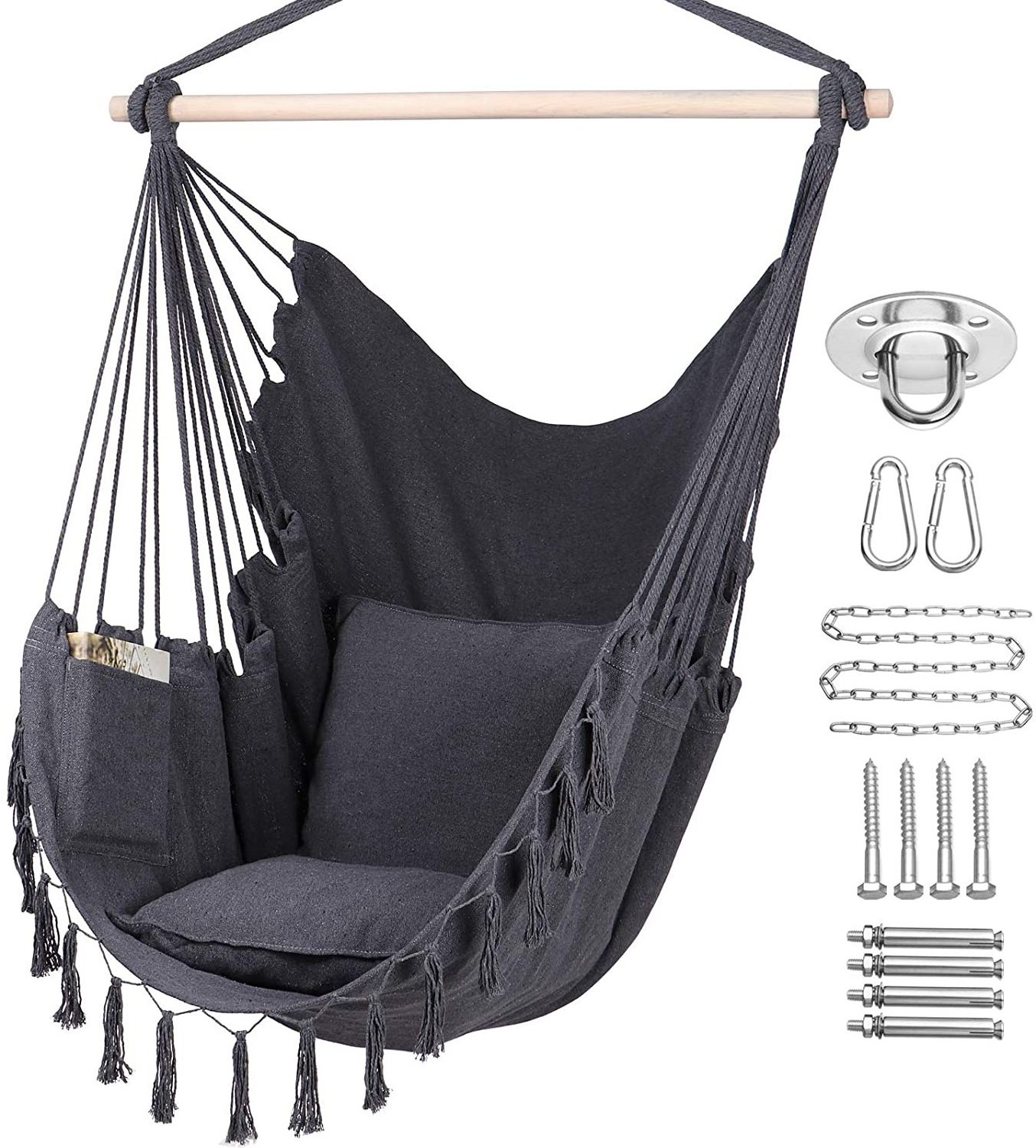 WOQI Hammock Chair Hanging Rope Swing Large Tassel Hanging Chair with Pockets Cotton Woven Durable Lightweight and Portable WQ