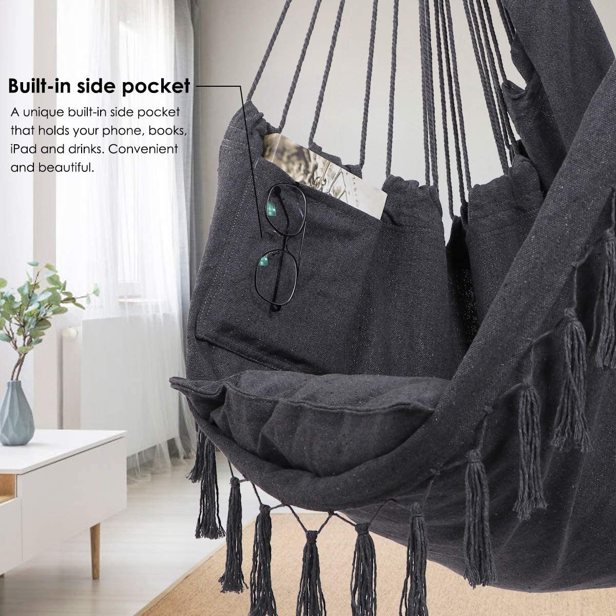 WOQI Hammock Chair Hanging Rope Swing Large Tassel Hanging Chair with Pockets Cotton Woven Durable Lightweight and Portable WQ